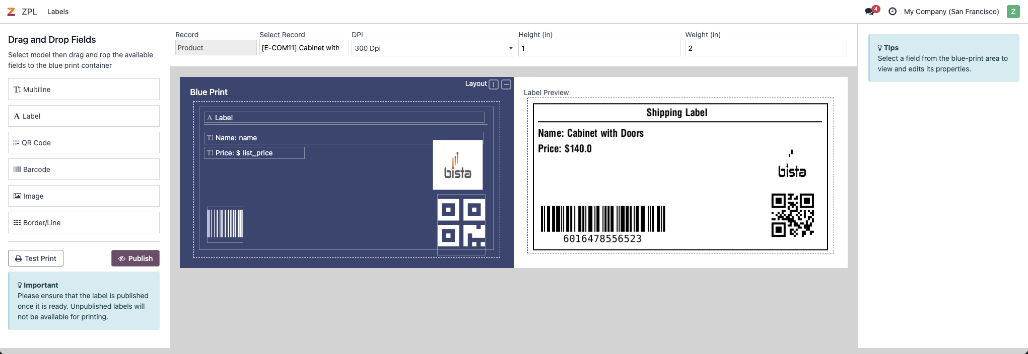 Bista ZPL Designer interface inside Odoo